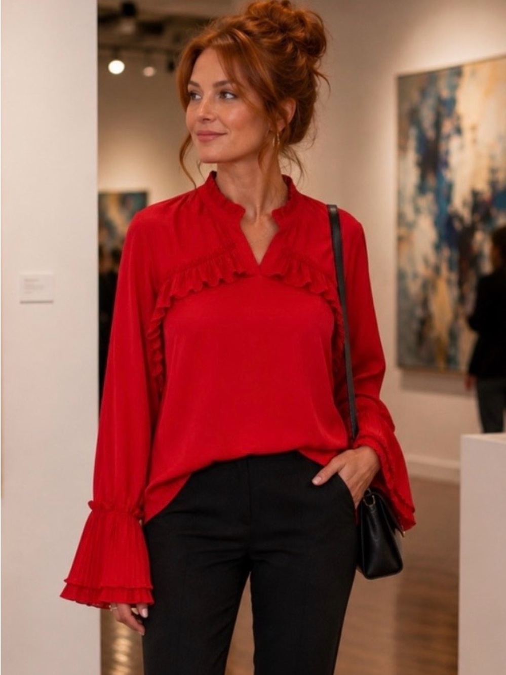 Melissa Paige Red Ruffle V-Neck Long Sleeve Blouse